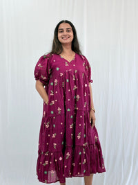 Purple Floral Embroidered Mul Chanderi Flared Feeding Gown With Single Centre Invisible Zip | Free Size | 44" length