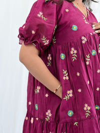 Purple Floral Embroidered Mul Chanderi Flared Feeding Gown With Single Centre Invisible Zip | Free Size | 44" length