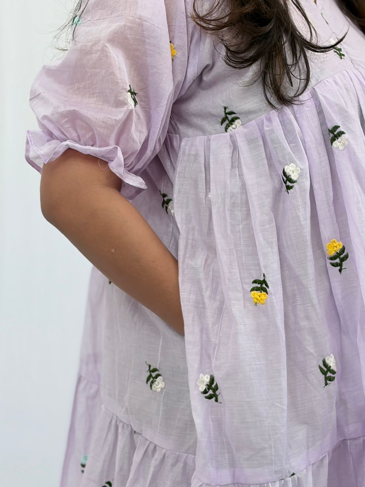 Lavender Floral Embroidered Mul Chanderi Flared Feeding Gown With Single Centre Invisible Zip | Free Size | 44" length