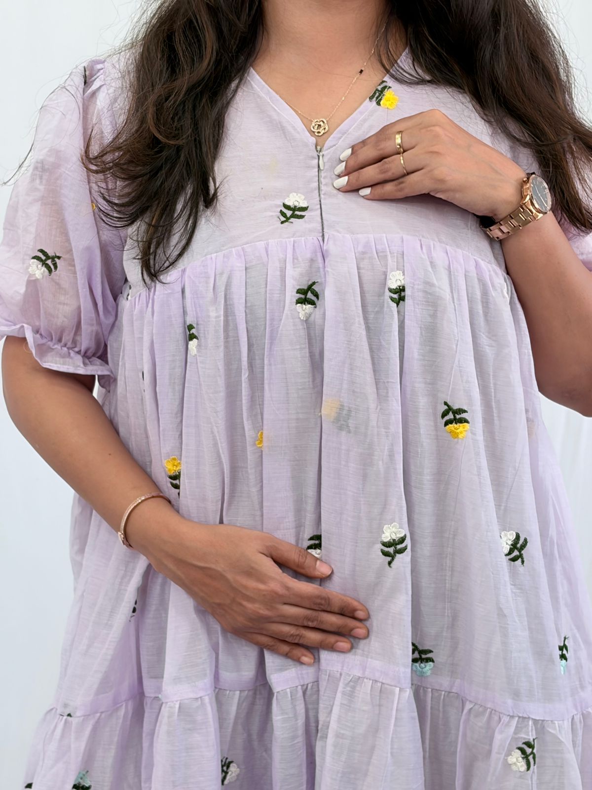 Lavender Floral Embroidered Mul Chanderi Flared Feeding Gown With Single Centre Invisible Zip | Free Size | 44" length
