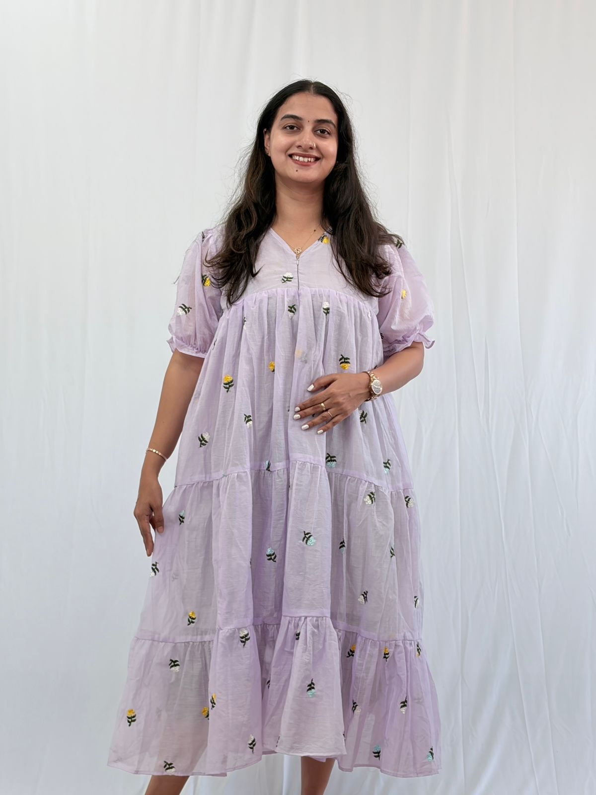 Lavender Floral Embroidered Mul Chanderi Flared Feeding Gown With Single Centre Invisible Zip | Free Size | 44" length