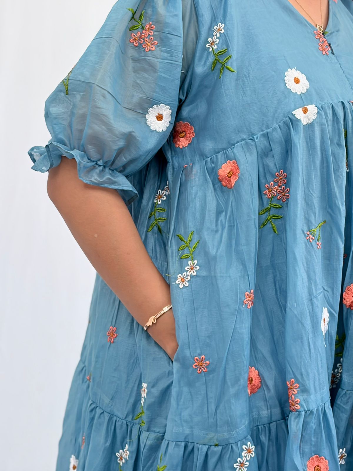Blue Floral Embroidered Mul Chanderi Flared Feeding Gown With Single Centre Invisible Zip | Free Size | 44" length