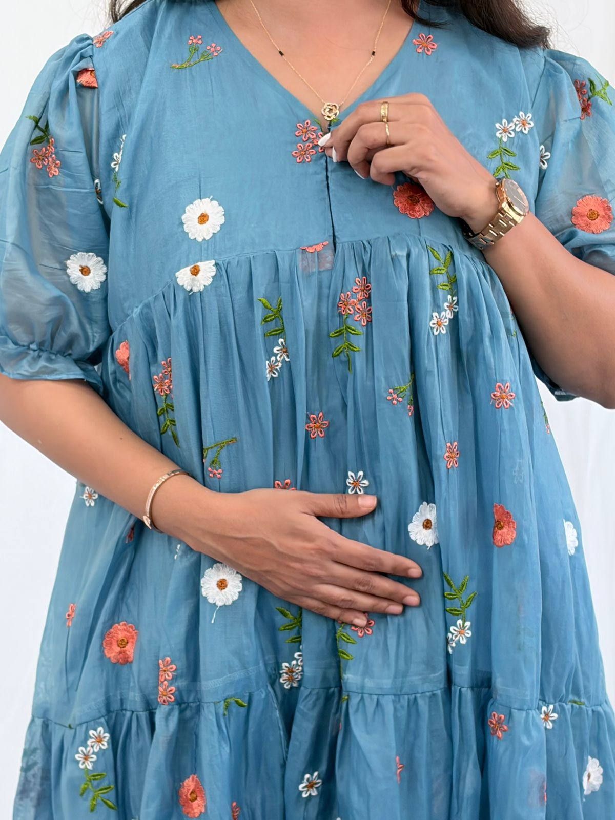 Blue Floral Embroidered Mul Chanderi Flared Feeding Gown With Single Centre Invisible Zip | Free Size | 44" length