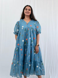 Blue Floral Embroidered Mul Chanderi Flared Feeding Gown With Single Centre Invisible Zip | Free Size | 44" length