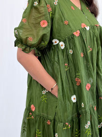 Green Floral Embroidered Mul Chanderi Flared Feeding Gown With Single Centre Invisible Zip | Free Size | 44" length