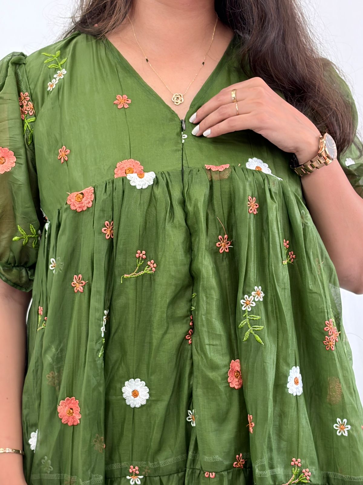 Green Floral Embroidered Mul Chanderi Flared Feeding Gown With Single Centre Invisible Zip | Free Size | 44" length