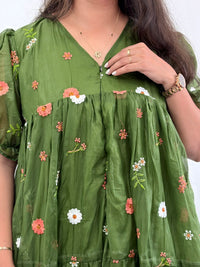 Green Floral Embroidered Mul Chanderi Flared Feeding Gown With Single Centre Invisible Zip | Free Size | 44" length