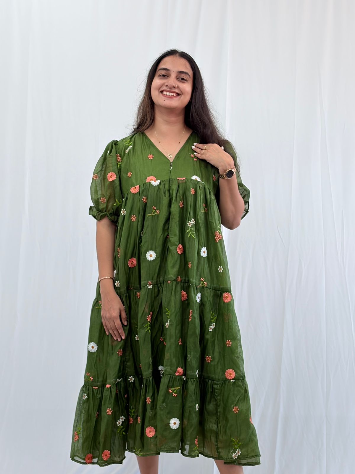 Green Floral Embroidered Mul Chanderi Flared Feeding Gown With Single Centre Invisible Zip | Free Size | 44" length