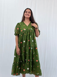 Green Floral Embroidered Mul Chanderi Flared Feeding Gown With Single Centre Invisible Zip | Free Size | 44" length