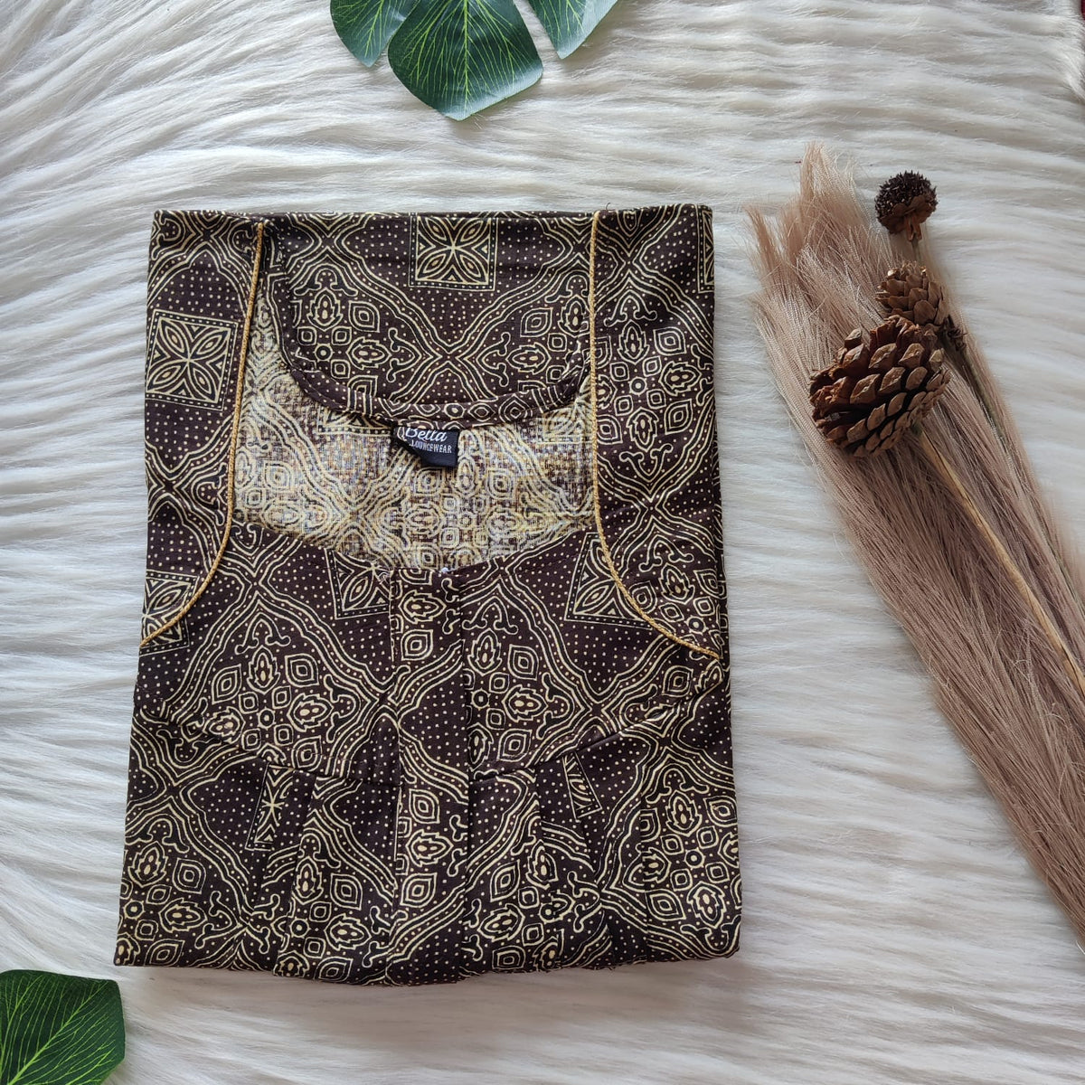 Garage Sale - Cream Printed Coffee Brown Premium Cotton Pleated Zip Nighty | Free Size | Chest Width 44″| Length 54″-55″