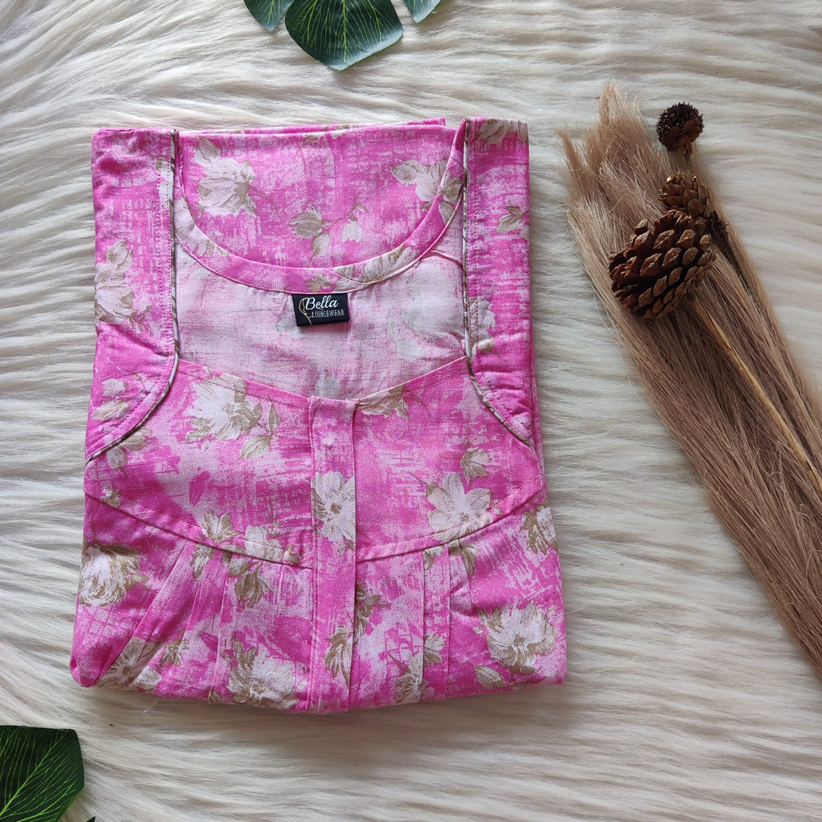 Garage Sale - Pink Floral Printed Premium Cotton Pleated Zip Nighty | Free Size | Chest Width 44″| Length 54″-55″