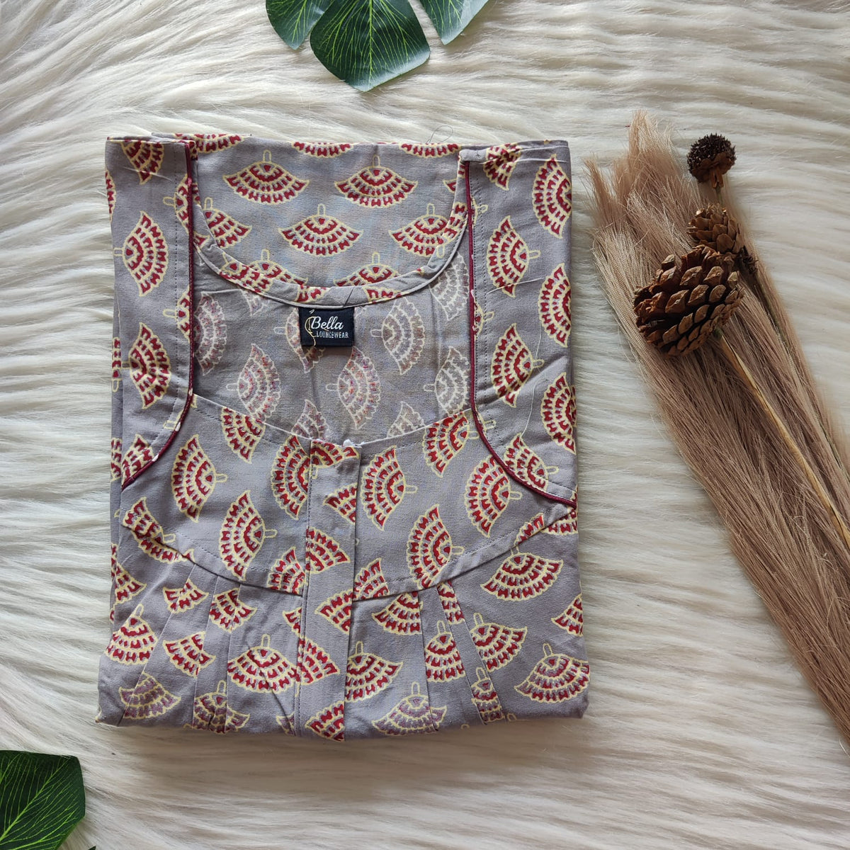 Garage Sale - Red Printed Grey Premium Cotton Pleated Zip Nighty | Free Size | Chest Width 44″| Length 54″-55″