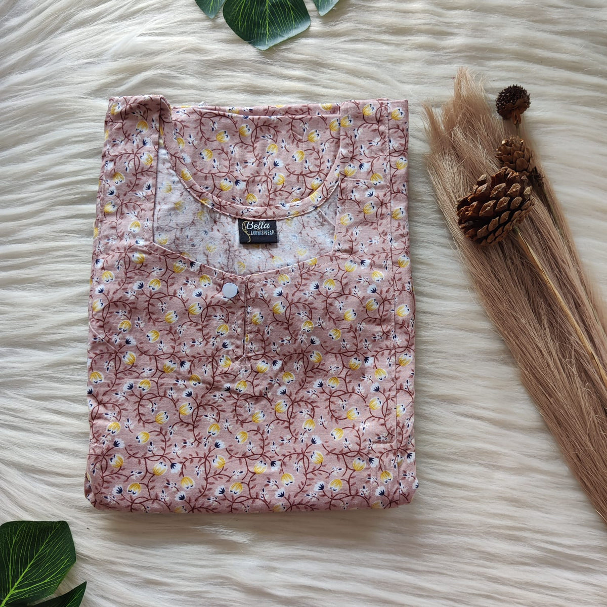 Garage Sale - Yellow Floral Printed Pale Brown Premium Cotton Aline Cut Vertical Zip Feeding Nighty | Free Size | Chest Width 44″| Length 54″-56″