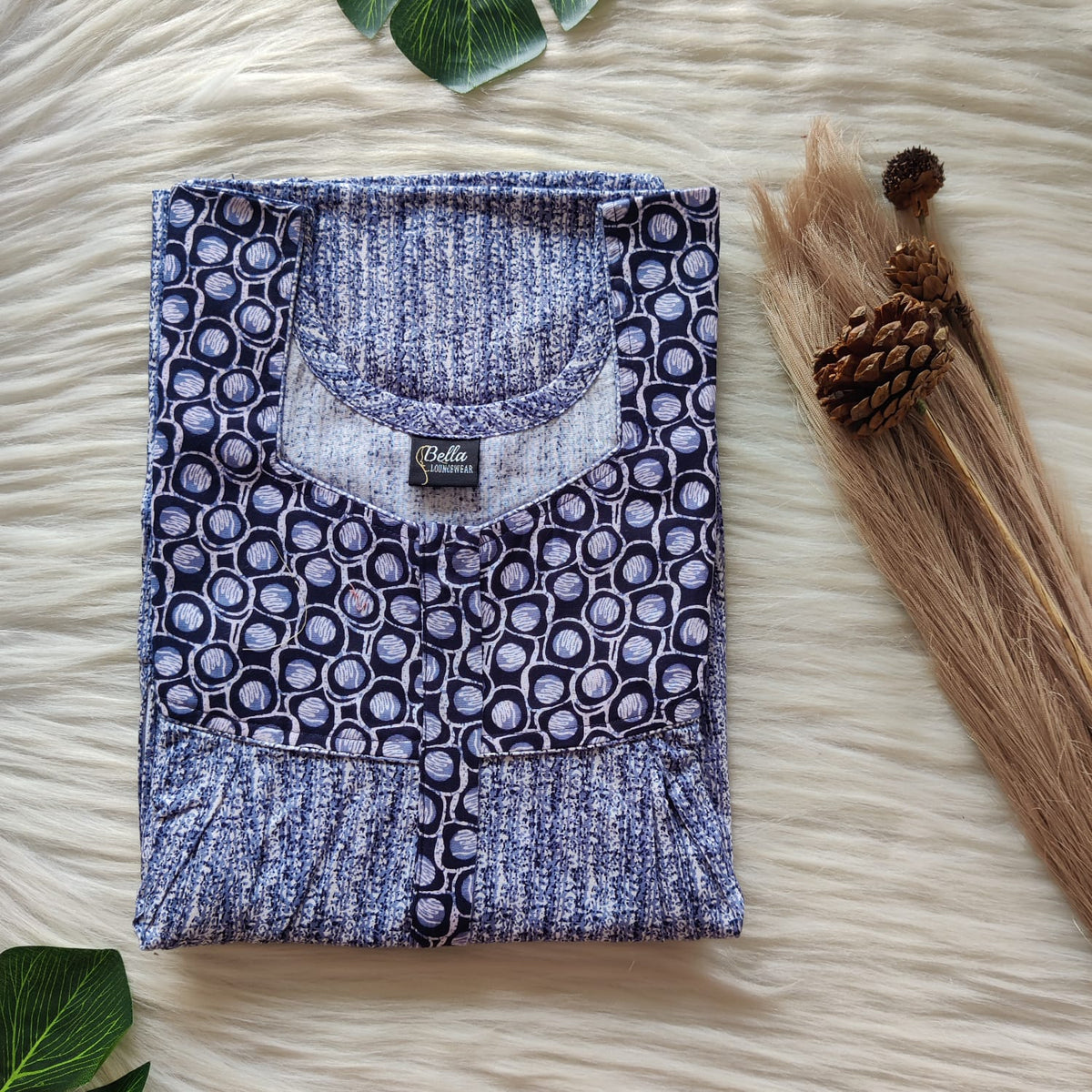 Garage Sale - Dark And Pale Blue Printed Premium Cotton Pleated Vertical Zip Feeding Nighty | Free Size | Chest Width 44″| Length 54″-56″