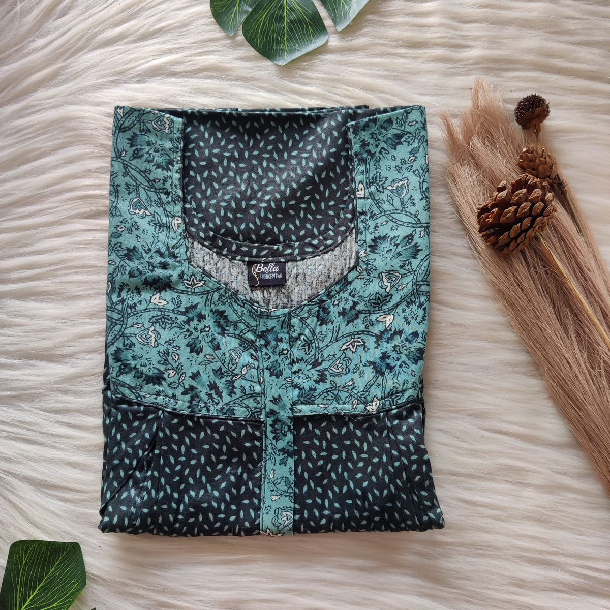 Garage Sale - Pale And Dark Green Printed Premium Cotton Pleated Vertical Zip Feeding Nighty | Free Size | Chest Width 44″| Length 54″-56″