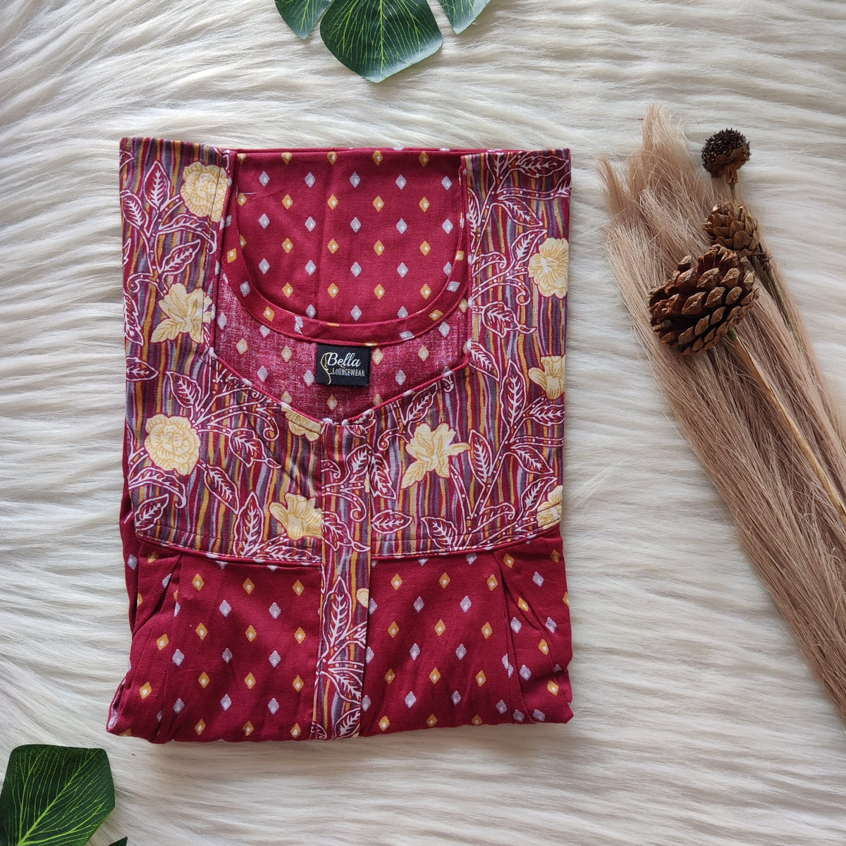 Garage Sale - Yellow And Maroon Printed Premium Cotton Pleated Vertical Zip Feeding Nighty | Free Size | Chest Width 44″| Length 54″-56″