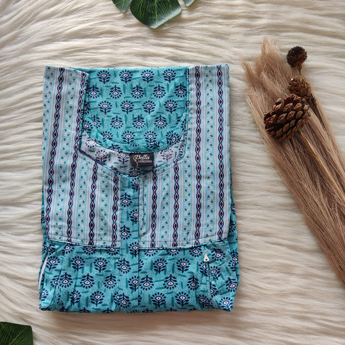 Garage Sale - Pale And Dark Blue Printed Premium Cotton Pleated Vertical Zip Feeding Nighty | Free Size | Chest Width 44″| Length 54″-56″