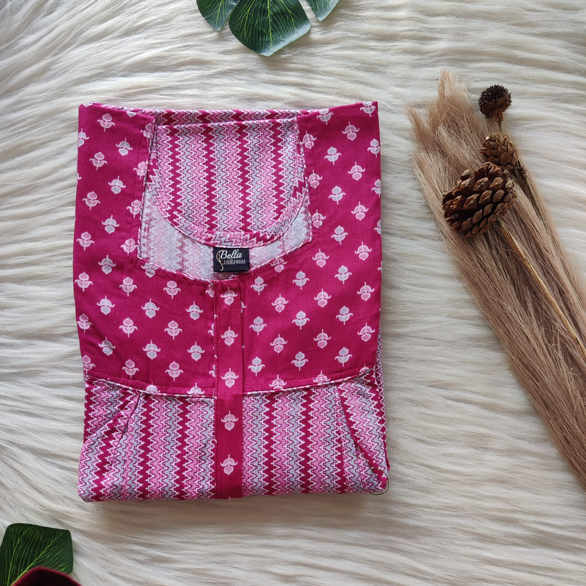 Garage Sale - Pink And Grey Printed Premium Cotton Pleated Vertical Zip Feeding Nighty | Free Size | Chest Width 44″| Length 54″-56″