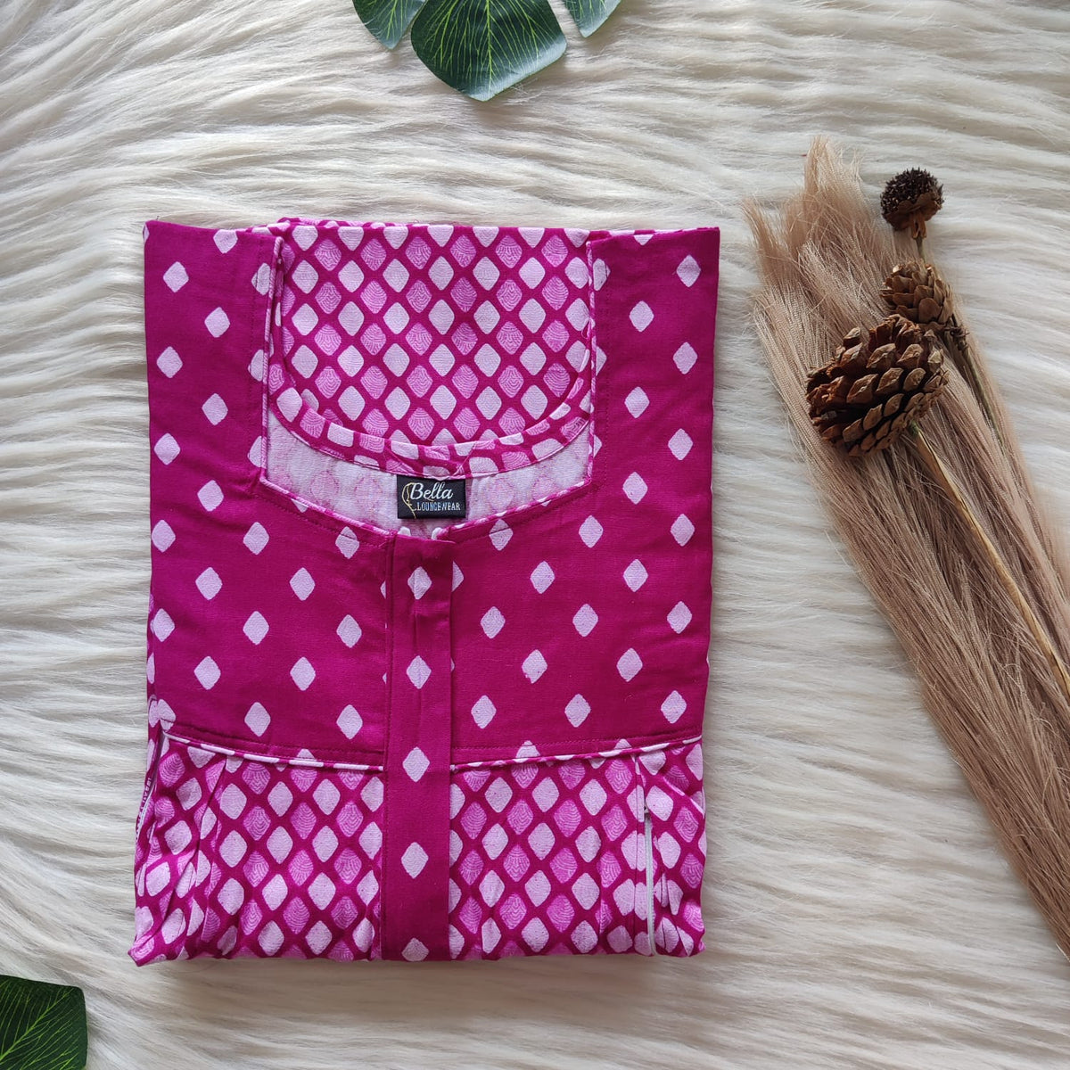 Garage Sale - Dark And Pale Pink Printed Premium Cotton Pleated Vertical Zip Feeding Nighty | Free Size | Chest Width 44″| Length 54″-56″