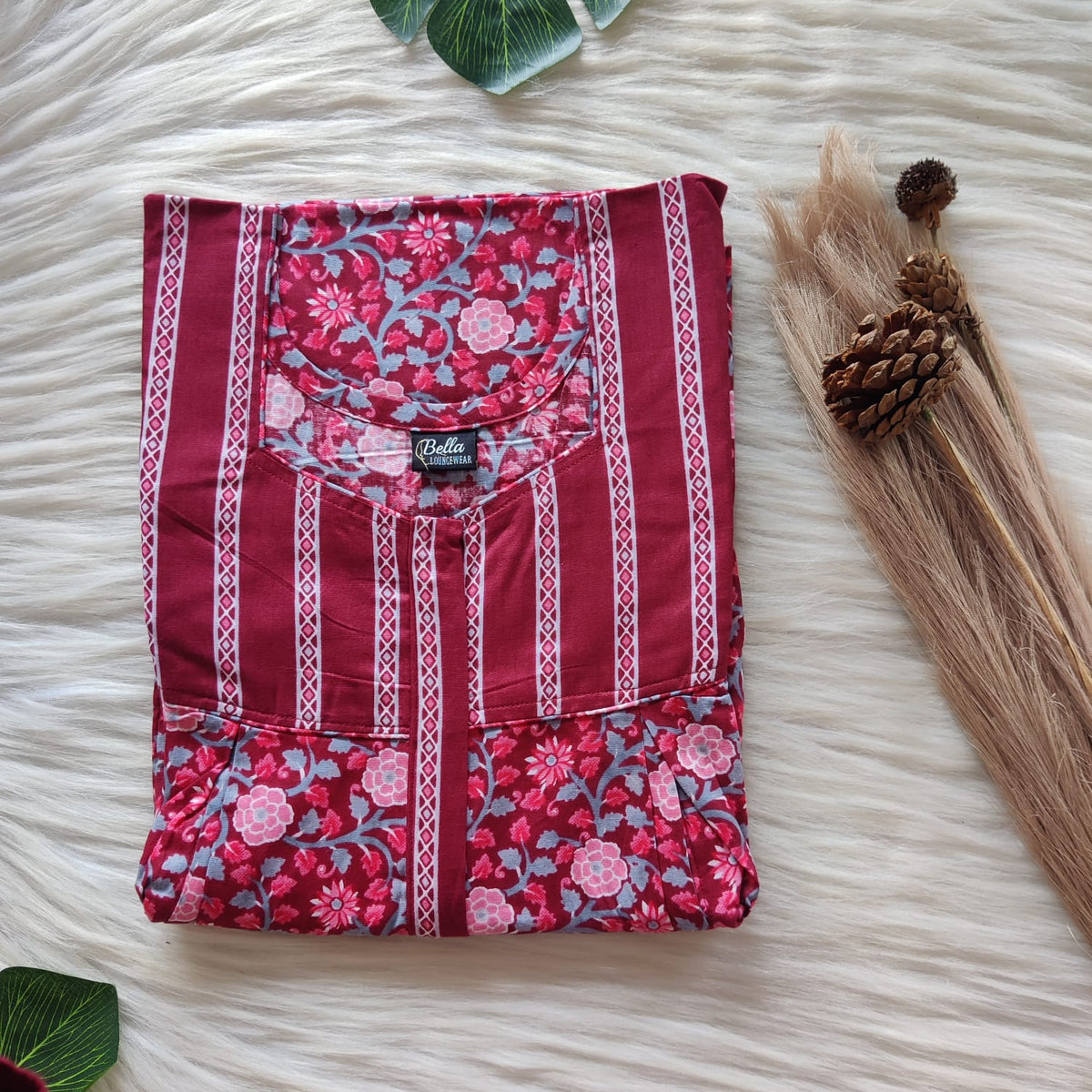 Garage Sale - Maroon And Pink Floral Printed Premium Cotton Pleated Vertical Zip Feeding Nighty | Free Size | Chest Width 44″| Length 54″-56″