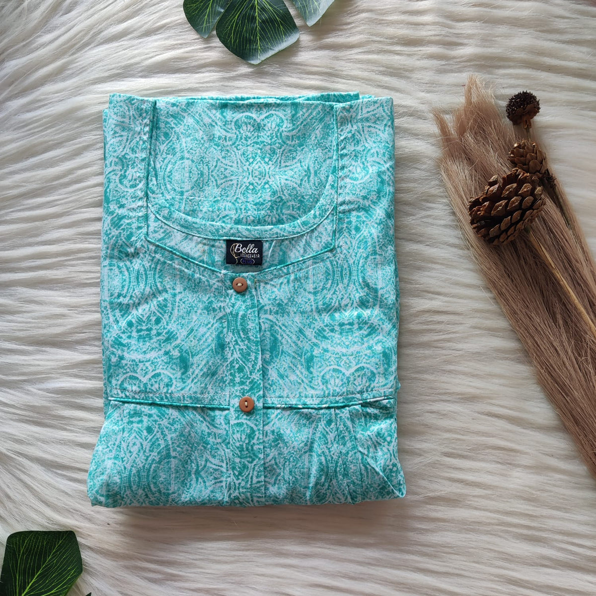 Garage Sales - Aqua Blue Printed Premium Cotton Button Zip Nighty | Free Size | Chest Width 44″| Length 55″-56″