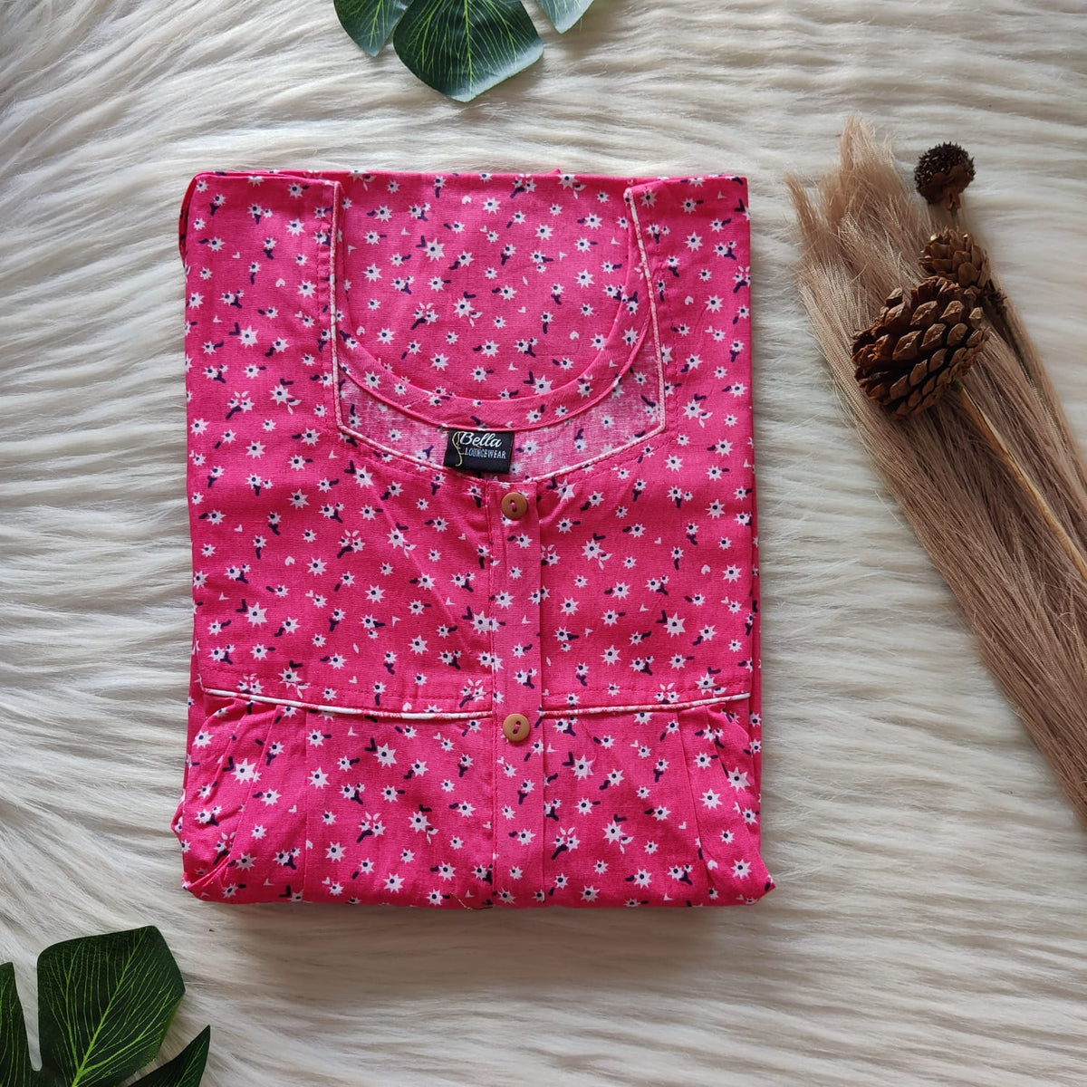 Garage Sales - Pink Floral Printed Premium Cotton Button Zip Nighty | Free Size | Chest Width 44″| Length 55″-56″