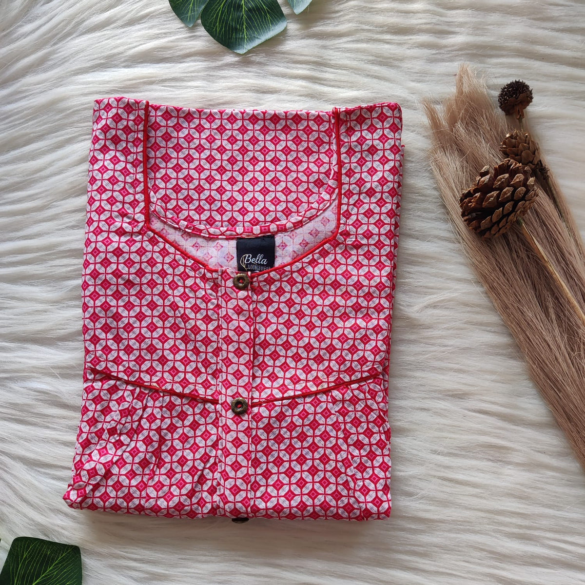 Garage Sales - Pink And White Printed Premium Cotton Button Zip Nighty | Free Size | Chest Width 44″| Length 55″-56″