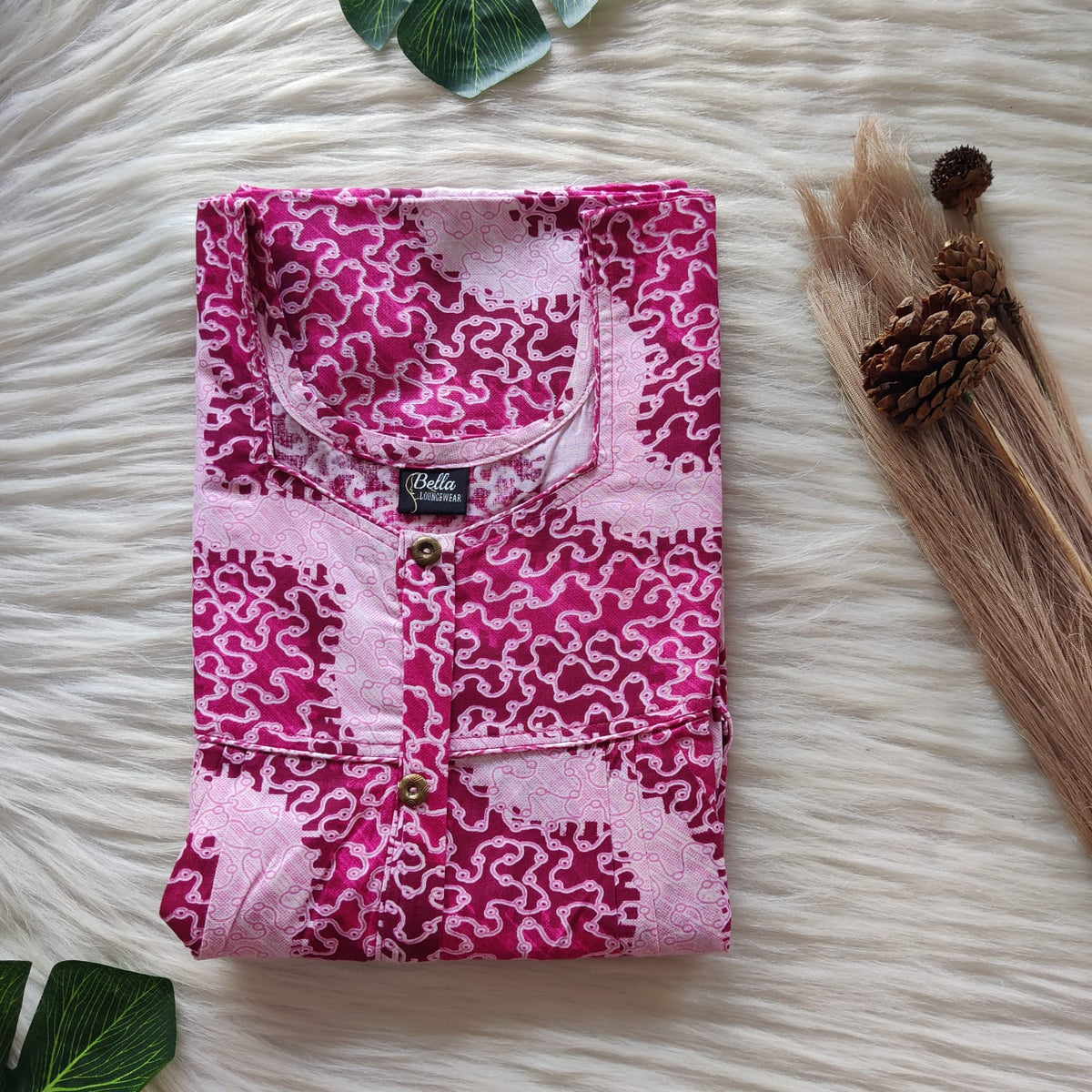 Garage Sales - Pink Printed Premium Cotton Button Zip Nighty | Free Size | Chest Width 44″| Length 55″-56″