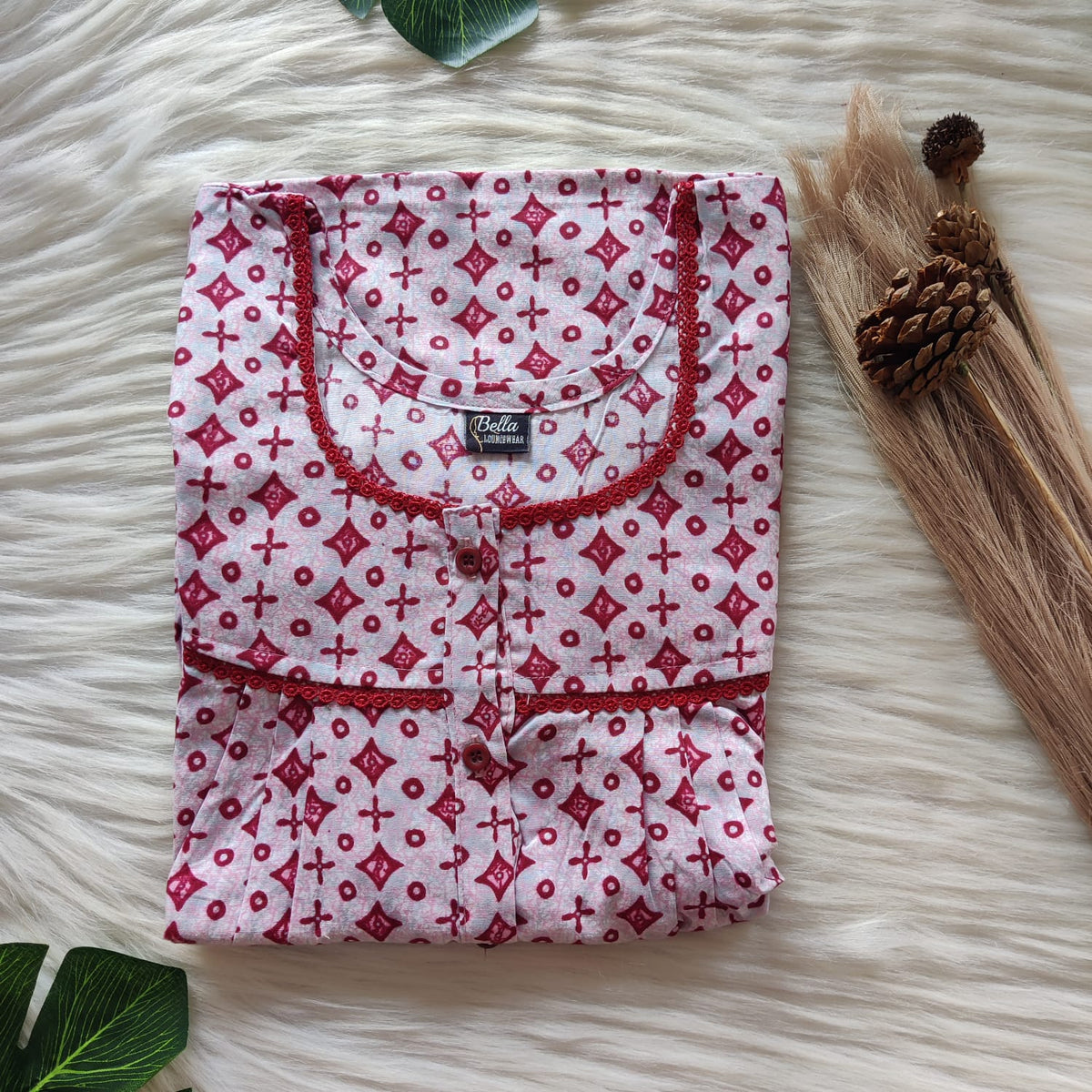 Garage Sale - Maroon And Grey Printed Premium Cotton Lace Button Nighty | Free Size | Chest Width 44"| Length 54"-56"