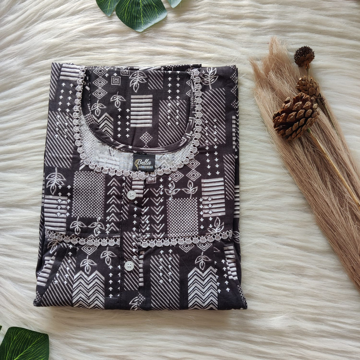Garage Sale - Grey And Black Printed Premium Cotton Lace Button Nighty | Free Size | Chest Width 44"| Length 54"-56"