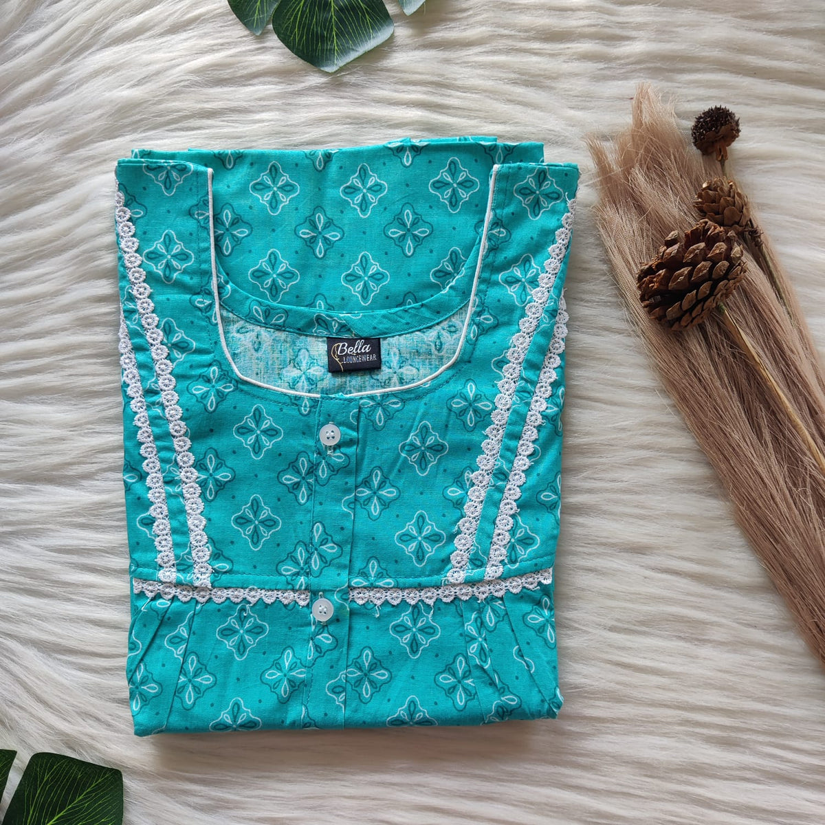 Garage Sale - Aqua Blue Printed Premium Cotton Lace Button Nighty | Free Size | Chest Width 44"| Length 54"-56"