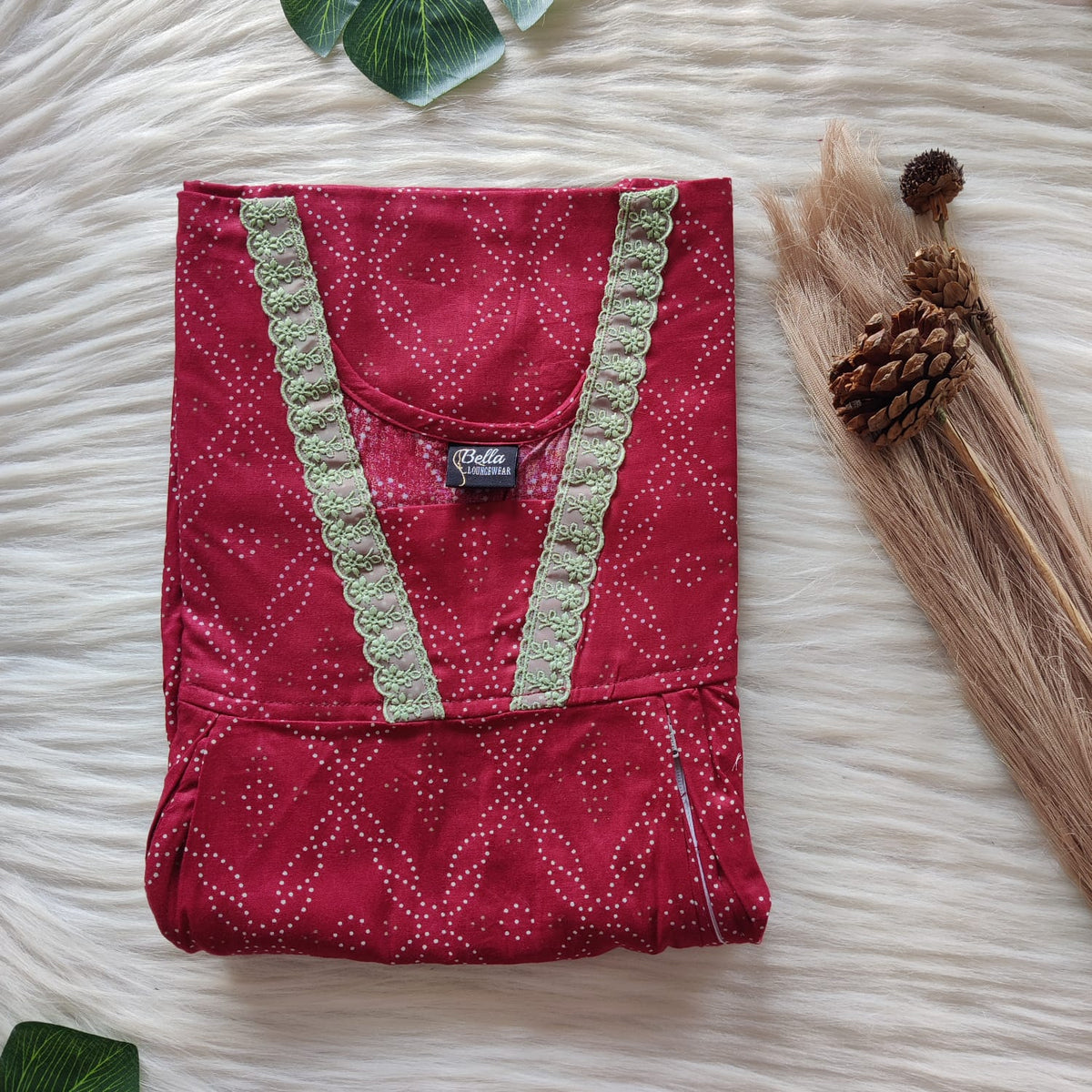 Garge Sale - Maroon Printed Premium Cotton Two Side Vertical Zip Lace Nighty | Free Size | Chest Width 44″ | Length 56″