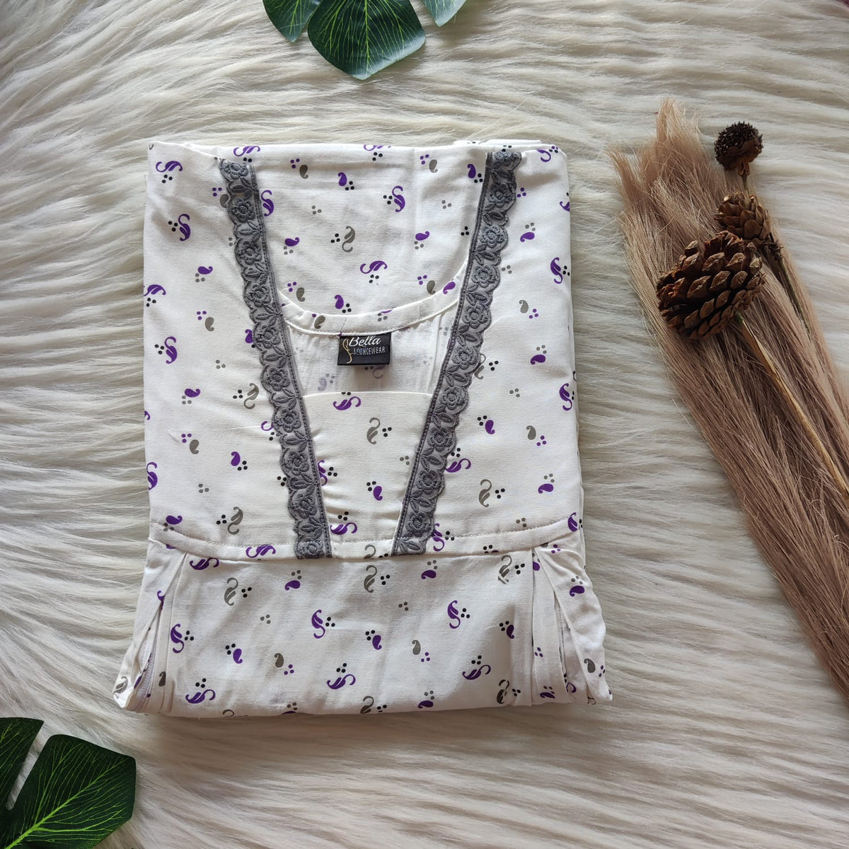 Garge Sale - Purple Printed White Premium Cotton Two Side Vertical Zip Lace Nighty | Free Size | Chest Width 44″ | Length 56″
