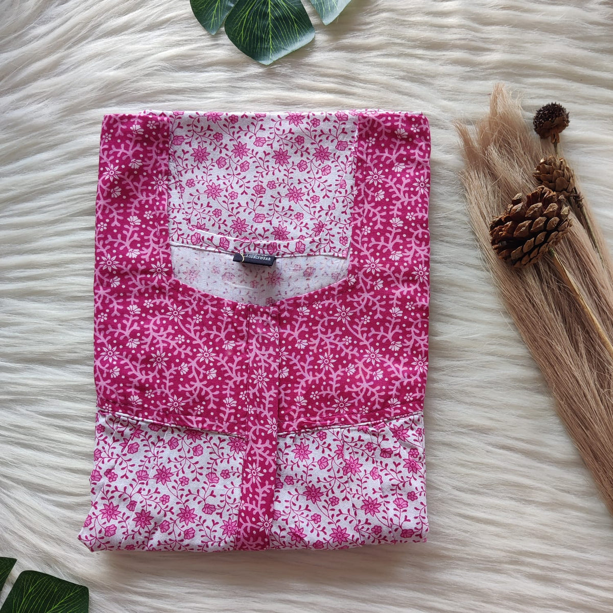 Garage Sale - Pink And White Floral Printed Premium Cotton Square Neck Pleated Nighty | Free Size | Chest Width 44″| Length 55″-56″
