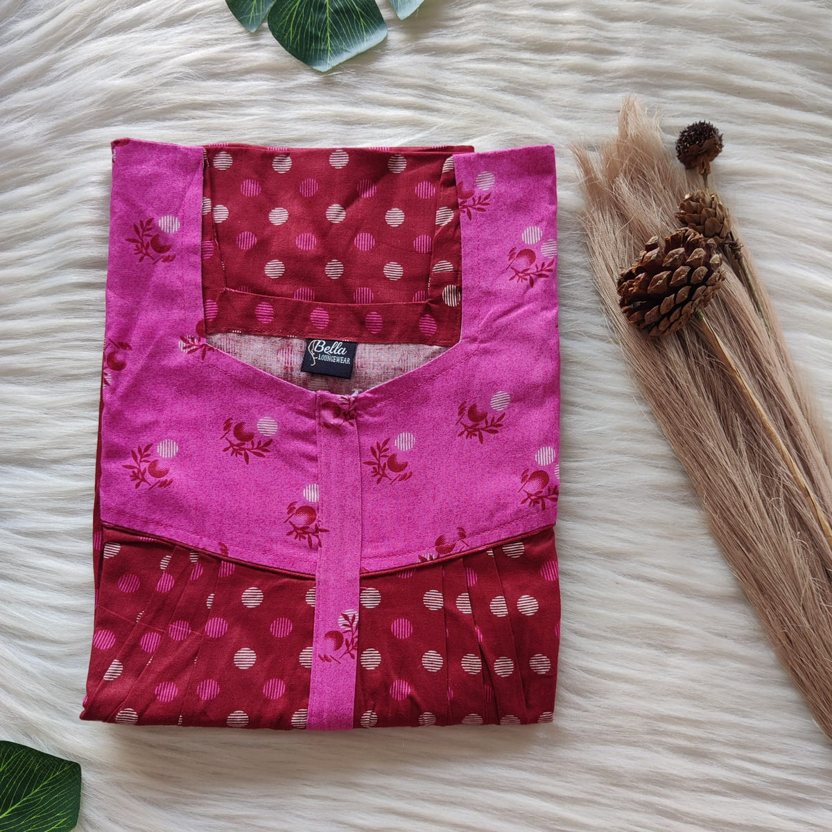 Garage Sale - Pink And Maroon Printed Premium Cotton Square Neck Pleated Nighty | Free Size | Chest Width 44″| Length 55″-56″