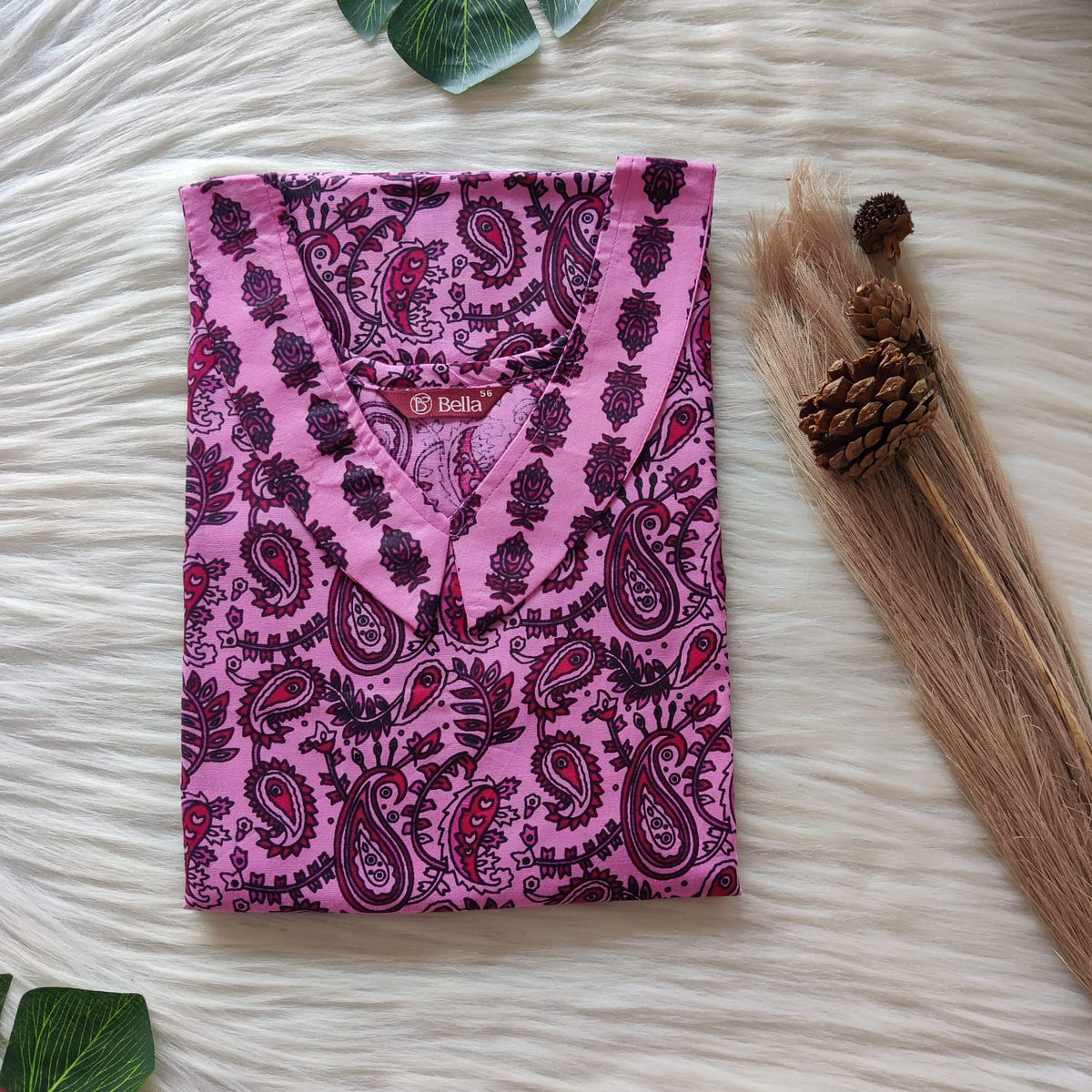Pink And Maroon Kalamkari Printed Premium Cotton Peter Pan Collar Nighty | Free Size | Chest Width 44″| Length 55″-56″
