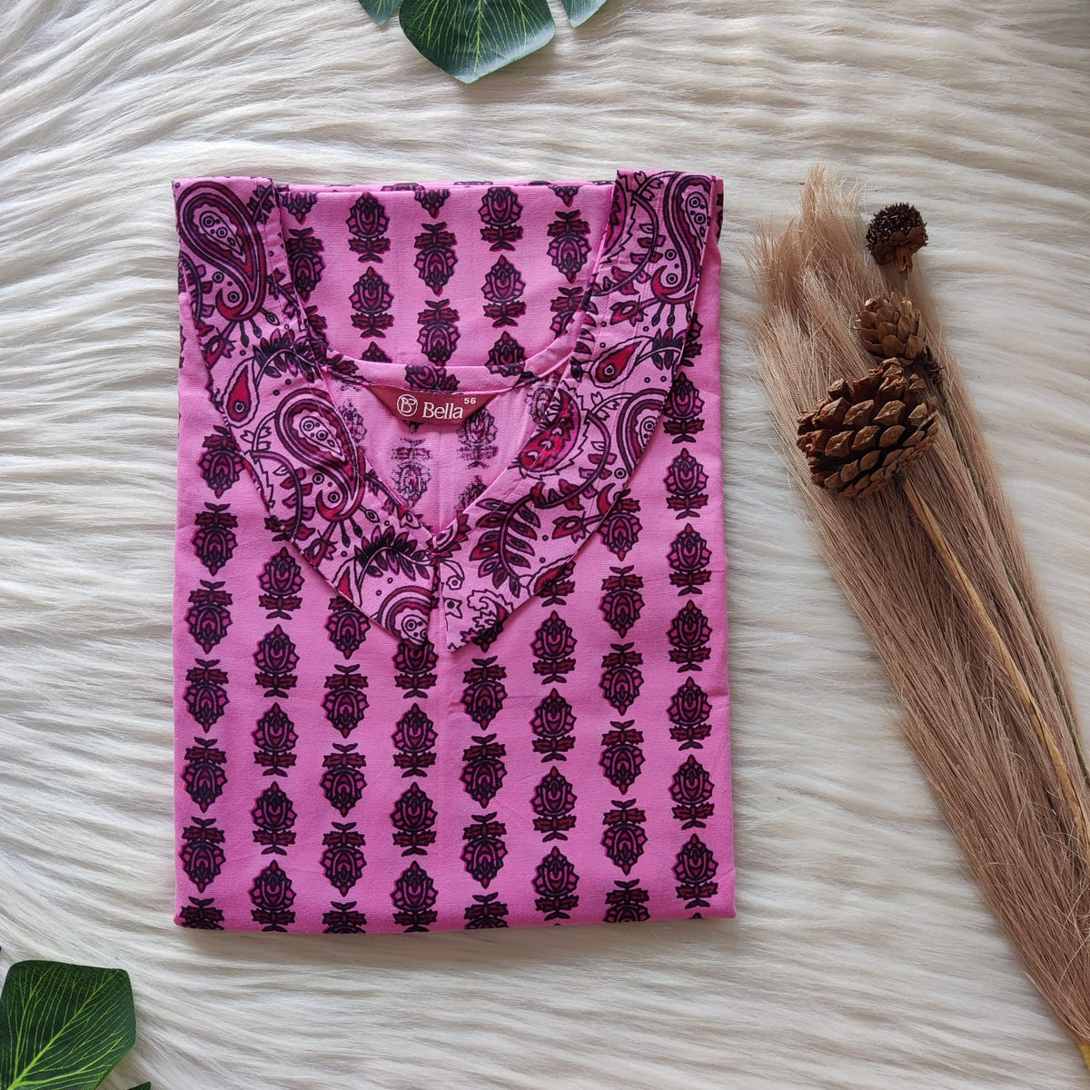 Maroon And Pink Printed Premium Cotton Peter Pan Collar Nighty | Free Size | Chest Width 44″| Length 55″-56″