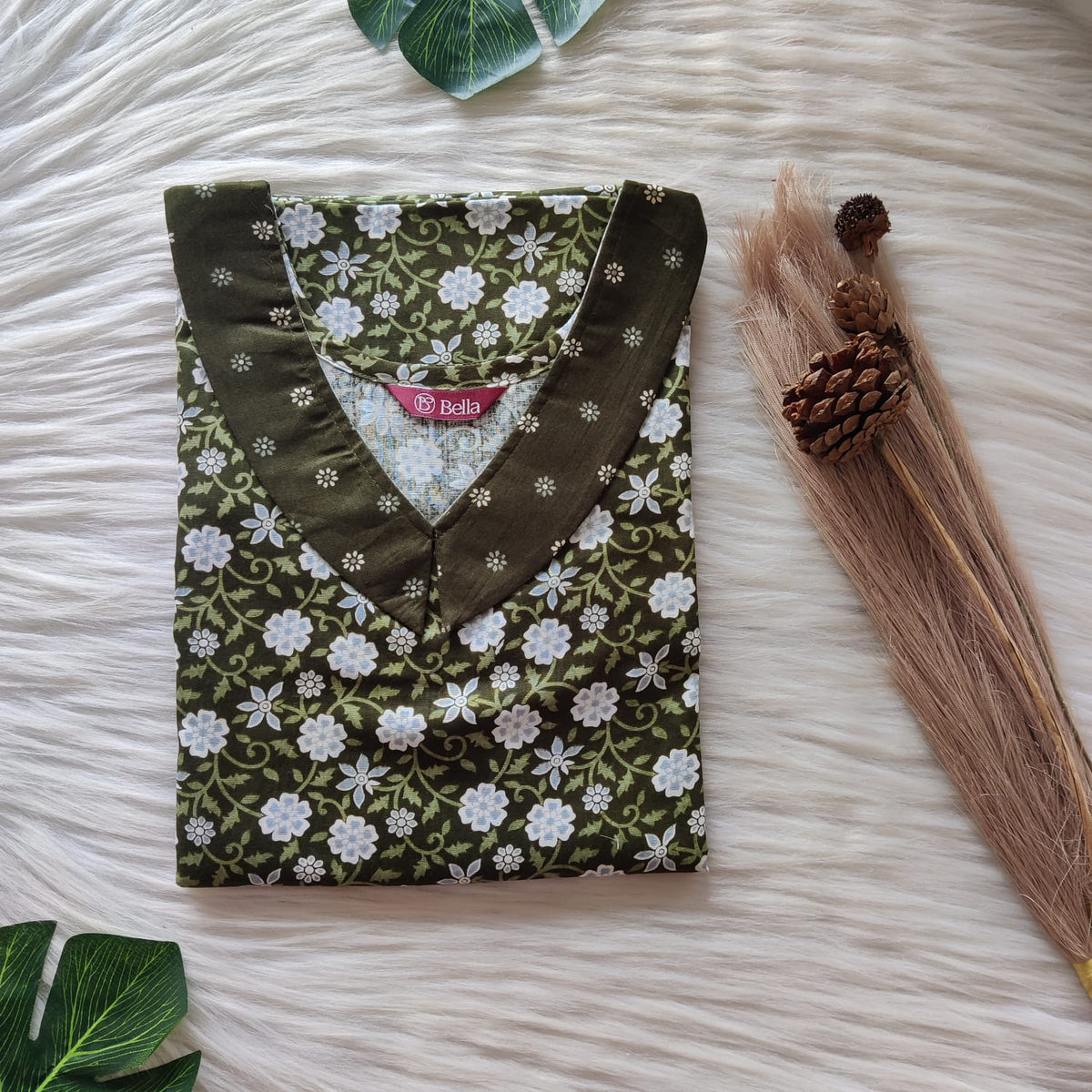 Green And Grey Floral Printed Premium Cotton Peter Pan Collar Nighty | Free Size | Chest Width 44″| Length 55″-56″