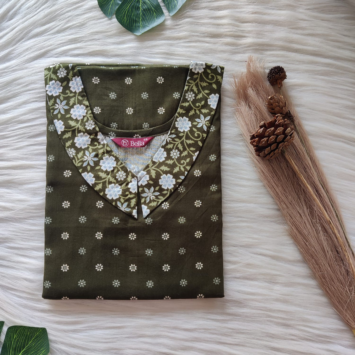 Grey And Green Printed Premium Cotton Peter Pan Collar Nighty | Free Size | Chest Width 44″| Length 55″-56″
