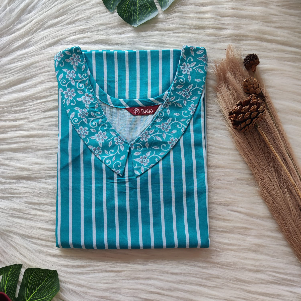 White And Aqua Blue Stripe Printed Premium Cotton Peter Pan Collar Nighty | Free Size | Chest Width 44″| Length 55″-56″