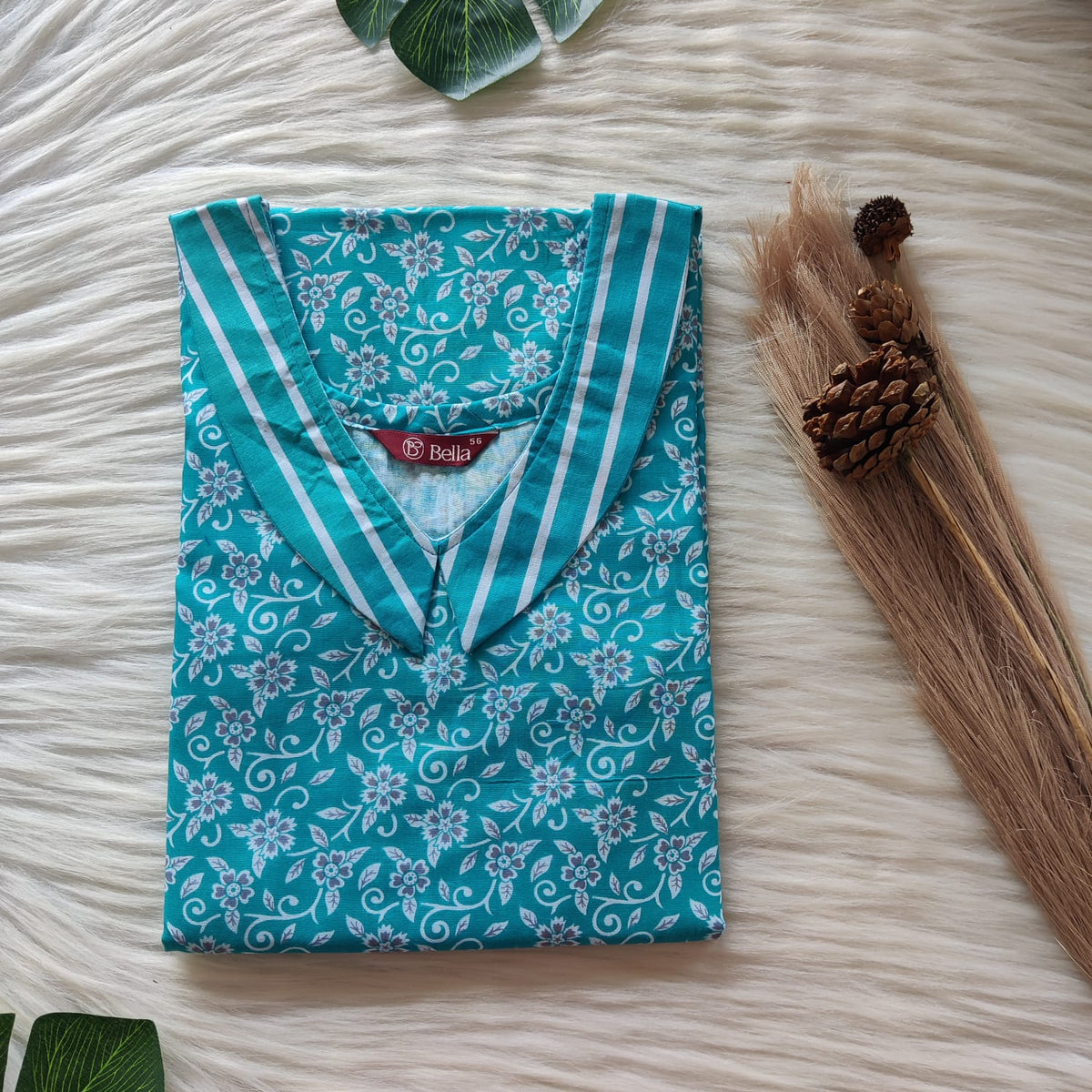 Aqua Blue And White Floral Printed Premium Cotton Peter Pan Collar Nighty | Free Size | Chest Width 44″| Length 55″-56″