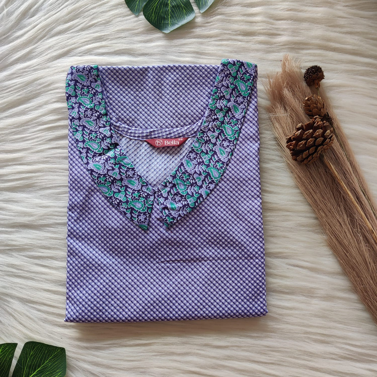 Green And Violet Printed Premium Cotton Peter Pan Collar Nighty | Free Size | Chest Width 44″| Length 55″-56″