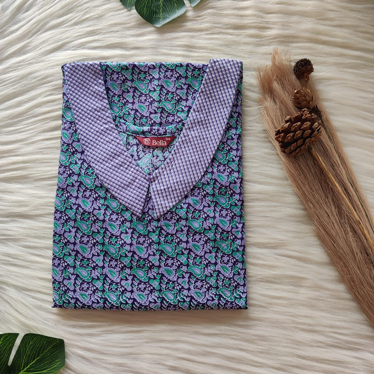 Violet And Green Printed Premium Cotton Peter Pan Collar Nighty | Free Size | Chest Width 44″| Length 55″-56″