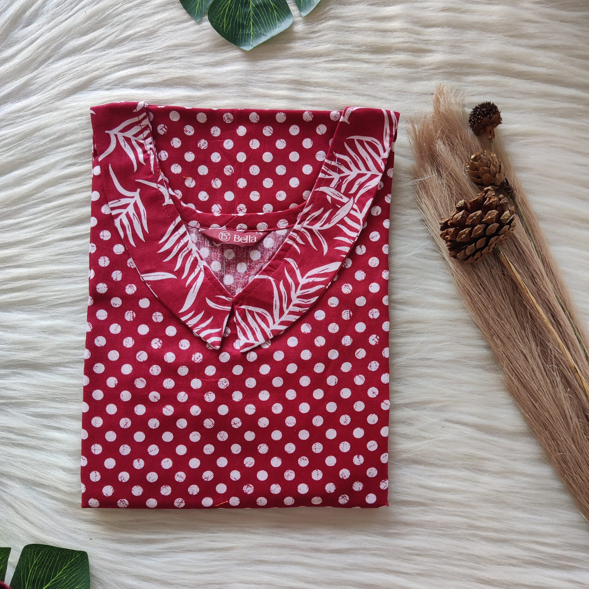 Maroon And White Dot Printed Premium Cotton Peter Pan Collar Nighty | Free Size | Chest Width 44″| Length 55″-56″