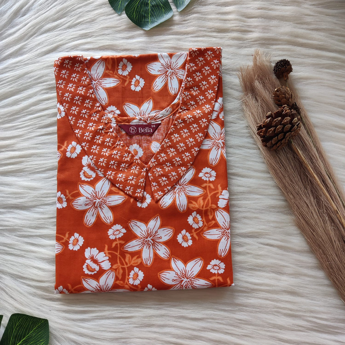 Orange And White Floral Printed Premium Cotton Peter Pan Collar Nighty | Free Size | Chest Width 44″| Length 55″-56″