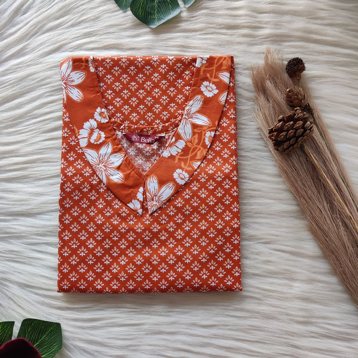 White And Orange Printed Premium Cotton Peter Pan Collar Nighty | Free Size | Chest Width 44″| Length 55″-56″