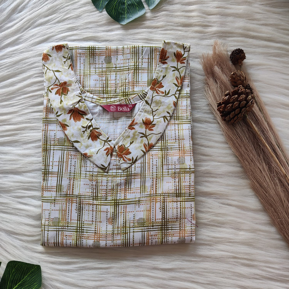 Brown And Green Check Printed Premium Cotton Peter Pan Collar Nighty | Free Size | Chest Width 44″| Length 55″-56″