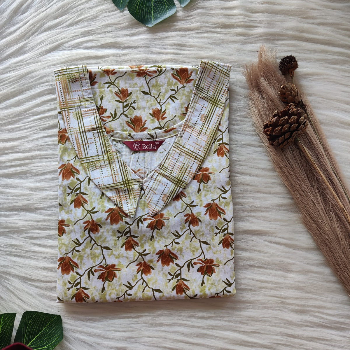 Green And Brown Floral Printed Premium Cotton Peter Pan Collar Nighty | Free Size | Chest Width 44″| Length 55″-56″