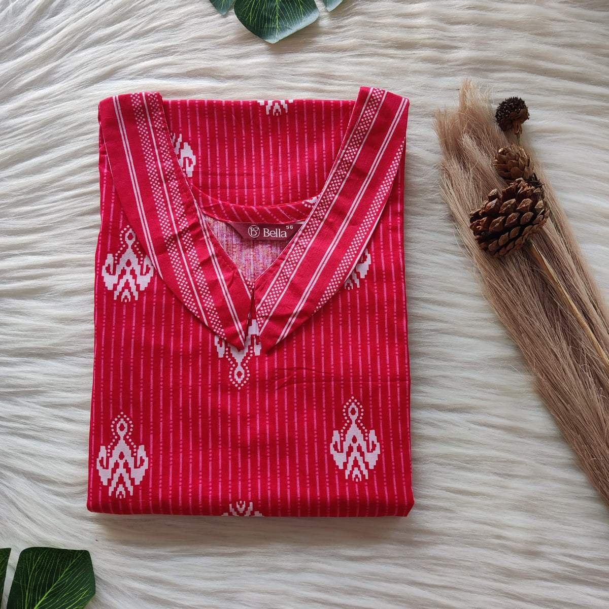 White And Red Printed Premium Cotton Peter Pan Collar Nighty | Free Size | Chest Width 44″| Length 55″-56″