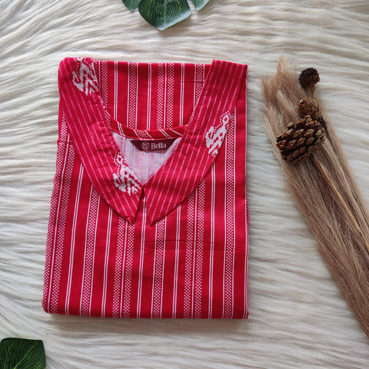 Red And White Stripes Printed Premium Cotton Peter Pan Collar Nighty | Free Size | Chest Width 44″| Length 55″-56″